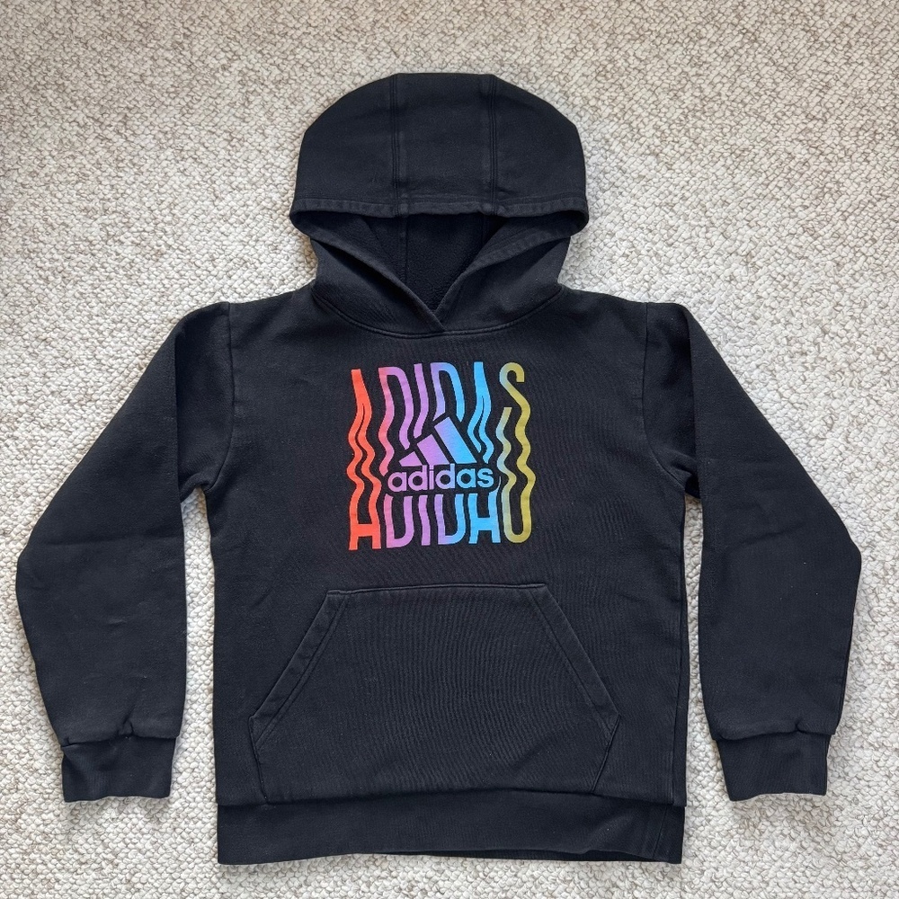 Adidas Boy's (Size M) Black Graphic Long Sleeve Hoodie Pullover Sweatshirt